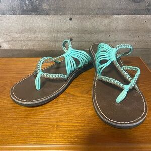 Plaka size 8 Women's Braided Aqua Rope Sandals with Brown Footbed